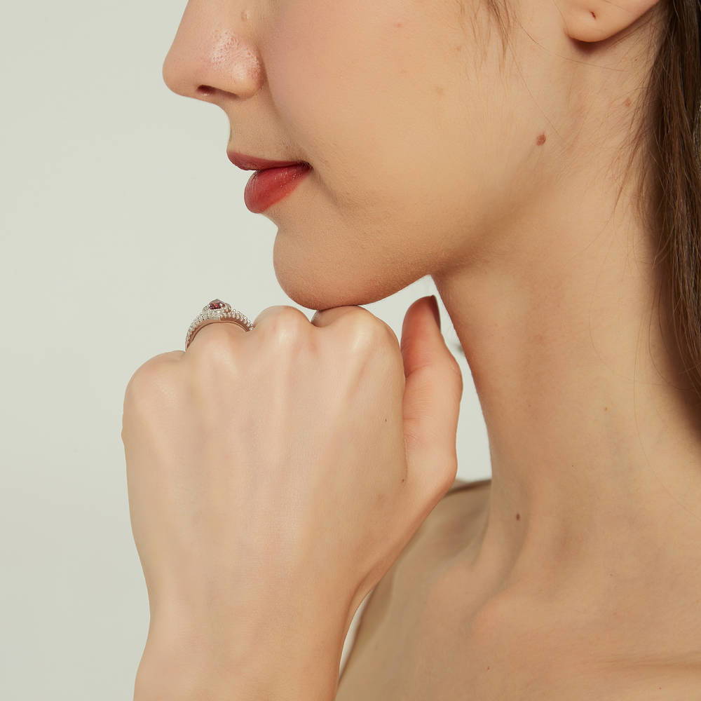 Model wearing Halo Wishbone Red Pear CZ Split Shank Ring Set in Sterling Silver, 7 of 15