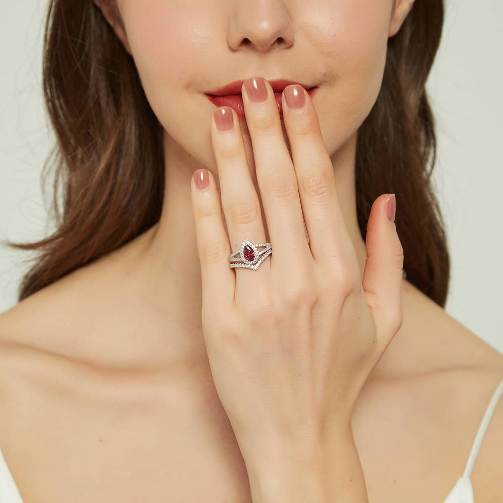Halo Wishbone Red Pear CZ Split Shank Ring Set in Sterling Silver