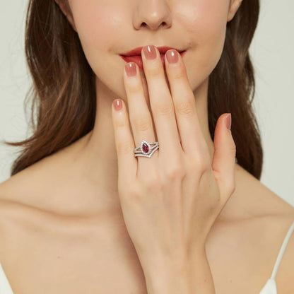 Halo Wishbone Red Pear CZ Split Shank Ring Set in Sterling Silver
