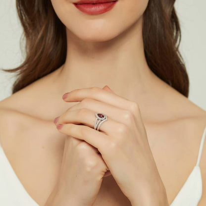 Halo Wishbone Red Pear CZ Split Shank Ring Set in Sterling Silver