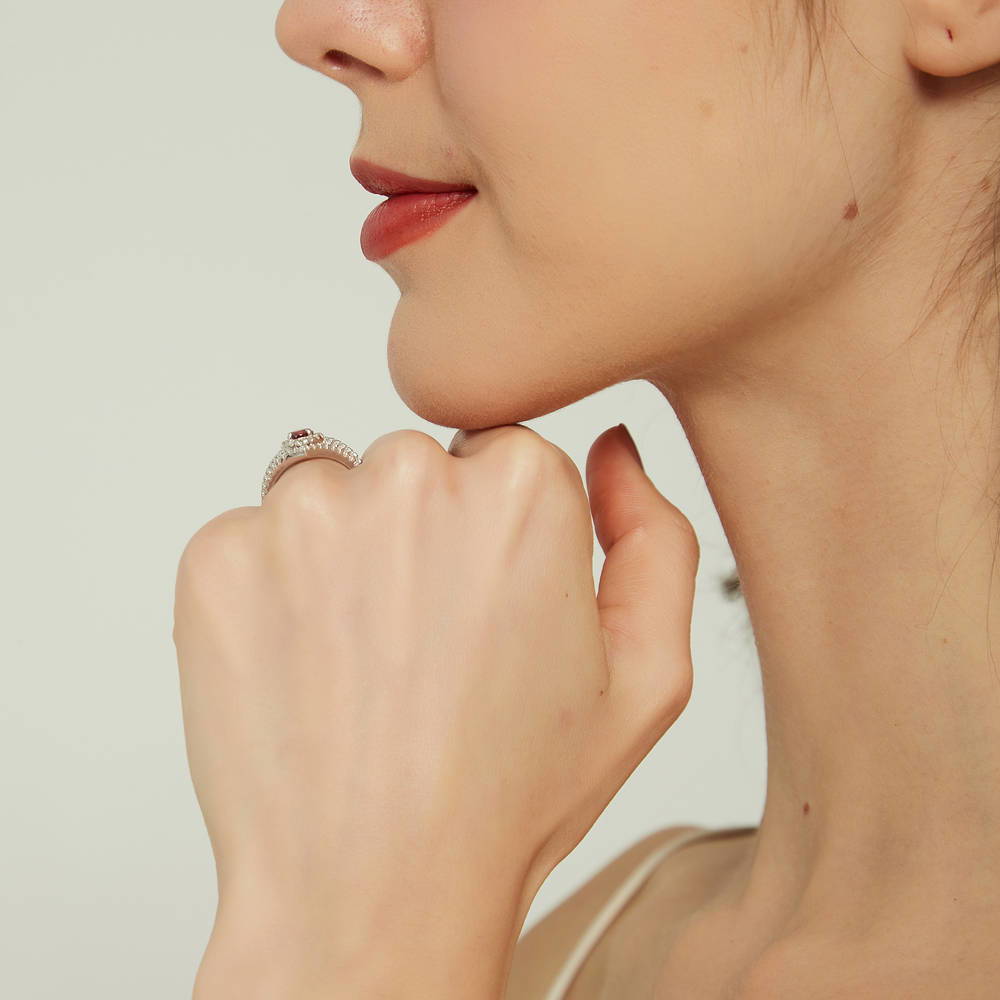 Model wearing Halo Wishbone Red Pear CZ Split Shank Ring Set in Sterling Silver, 7 of 15