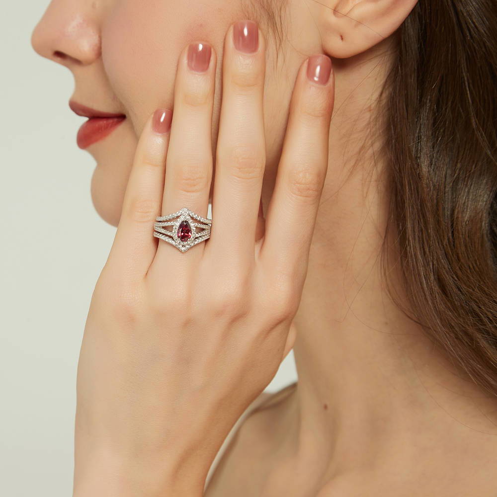Halo Wishbone Red Pear CZ Split Shank Ring Set in Sterling Silver
