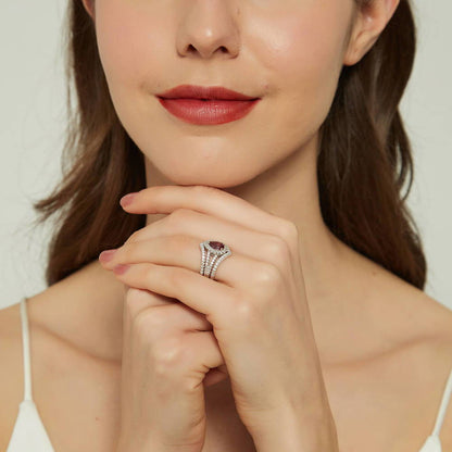 Halo Wishbone Red Pear CZ Split Shank Ring Set in Sterling Silver