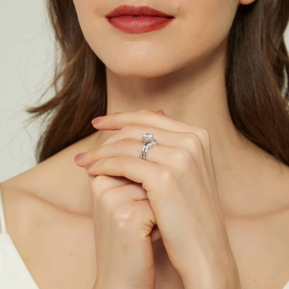 Model wearing Solitaire 5-Stone Wishbone 2ct CZ Ring Set in Sterling Silver, 7 of 19