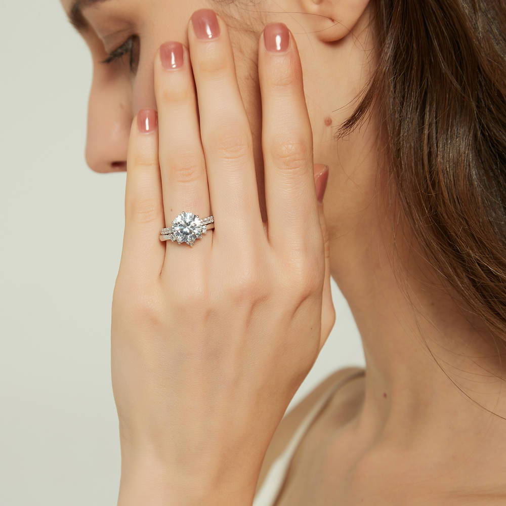 Model wearing 5-Stone Wishbone CZ Band in Sterling Silver, 16 of 19