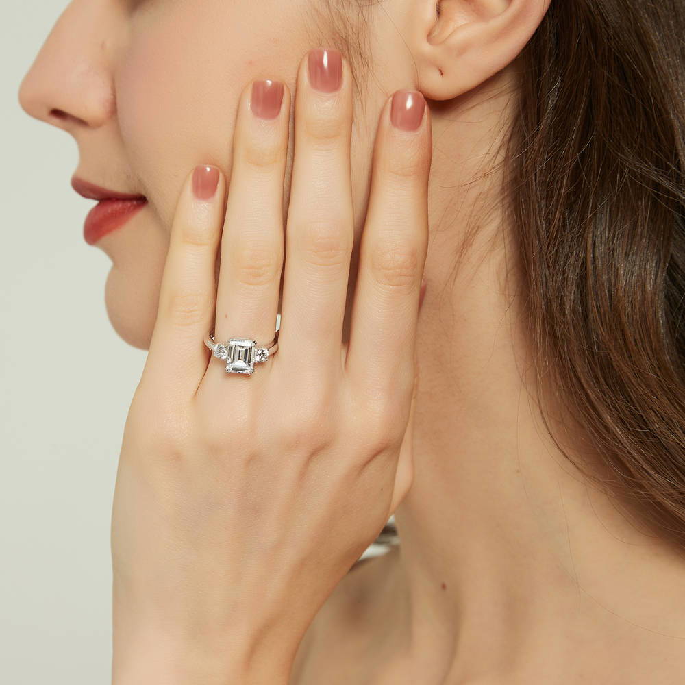 3-Stone 2.6ct Emerald Cut CZ Ring in Sterling Silver