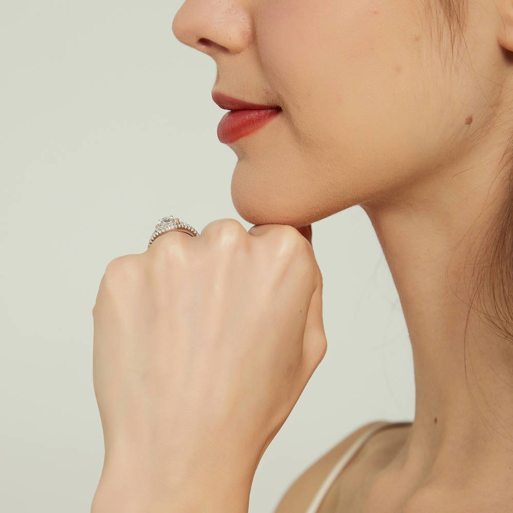 Model wearing Halo Wishbone CZ Split Shank Ring Set in Sterling Silver, 8 of 18