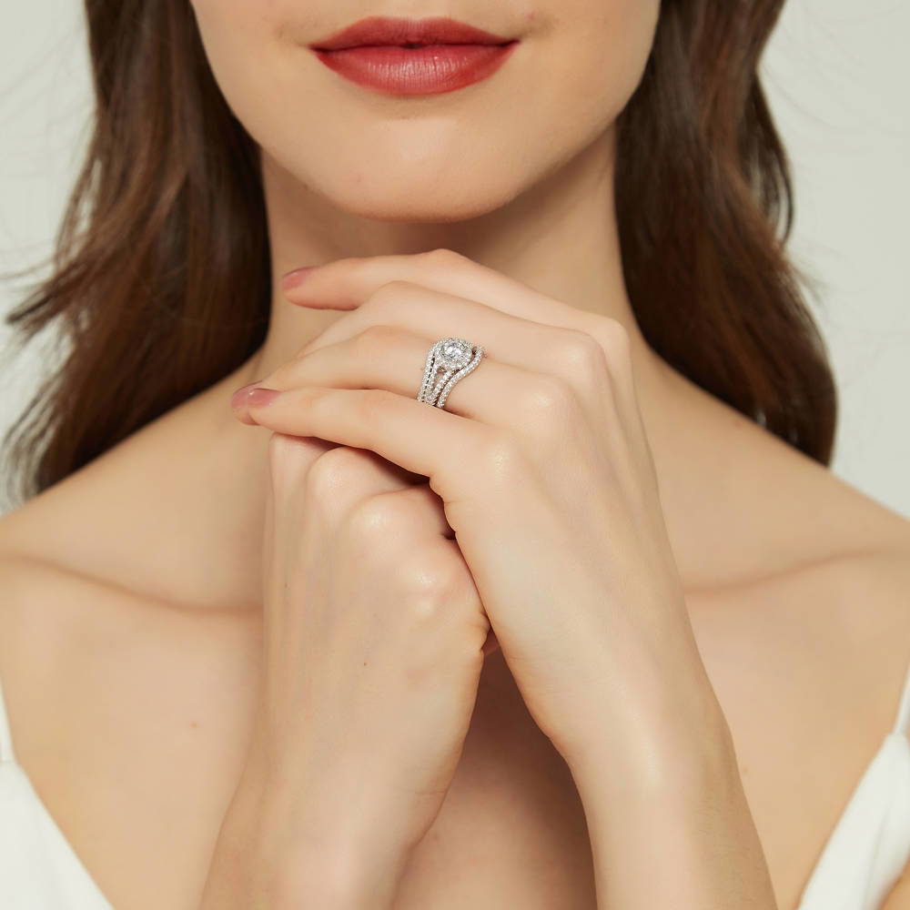 Model wearing Halo Wishbone CZ Split Shank Ring Set in Sterling Silver, 6 of 18