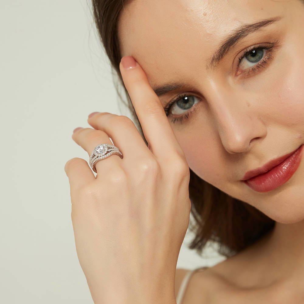 Halo Wishbone CZ Split Shank Ring Set in Sterling Silver