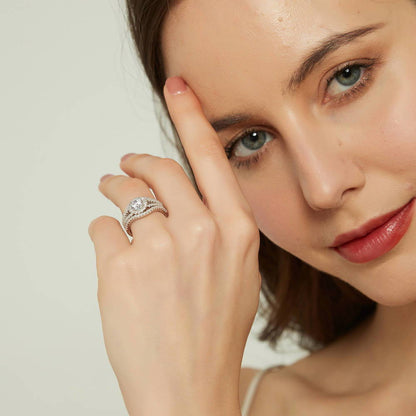 Halo Wishbone CZ Split Shank Ring Set in Sterling Silver
