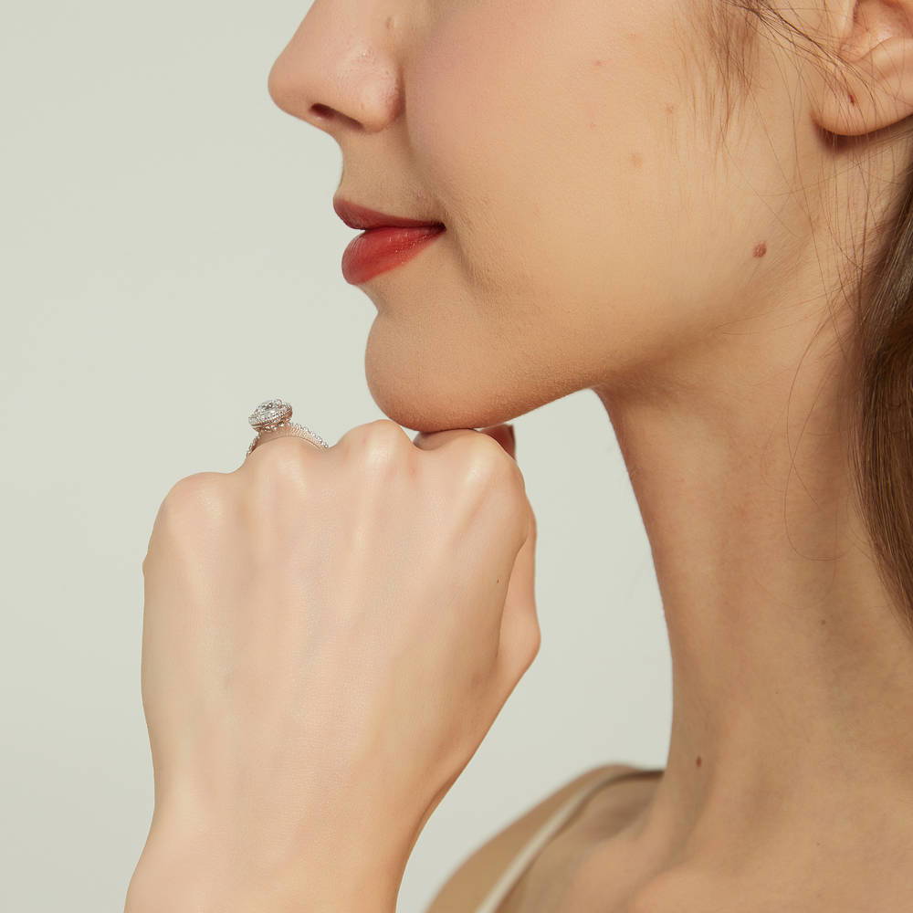 Model wearing Halo CZ Ring in Sterling Silver, 8 of 16