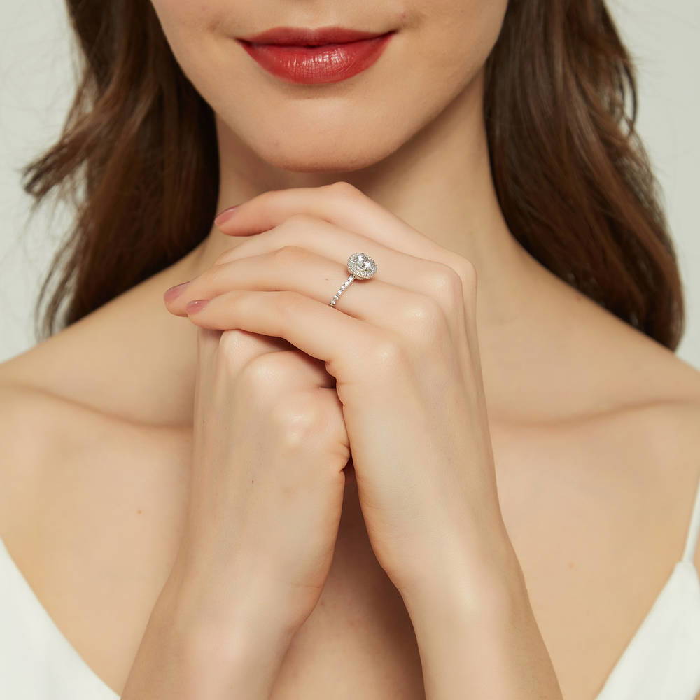 Model wearing Halo CZ Ring in Sterling Silver, 6 of 16