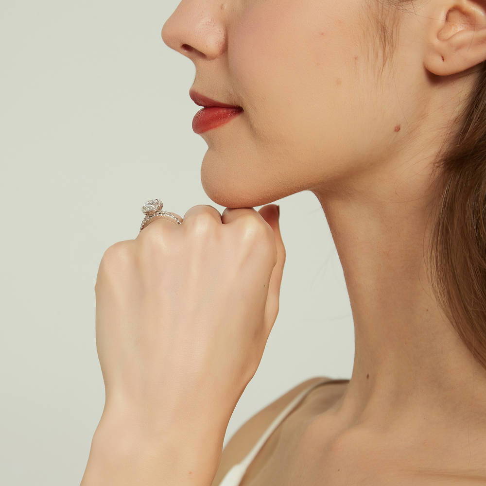Model Wearing Half Eternity Ring Style R1618-02, Halo Ring Style R1508-01