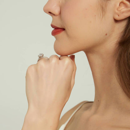 Model Wearing Half Eternity Ring Style R1618-02, Halo Ring Style R1508-01