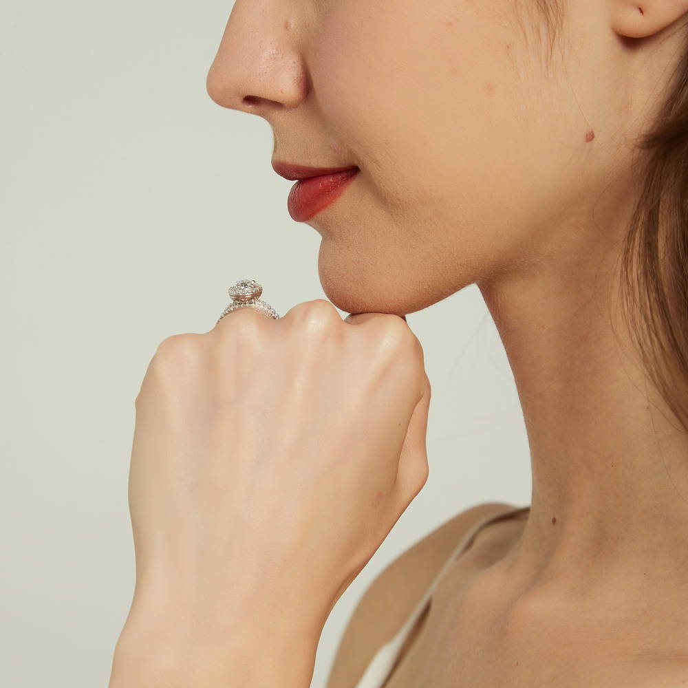 Model wearing Halo CZ Ring in Sterling Silver, 16 of 16