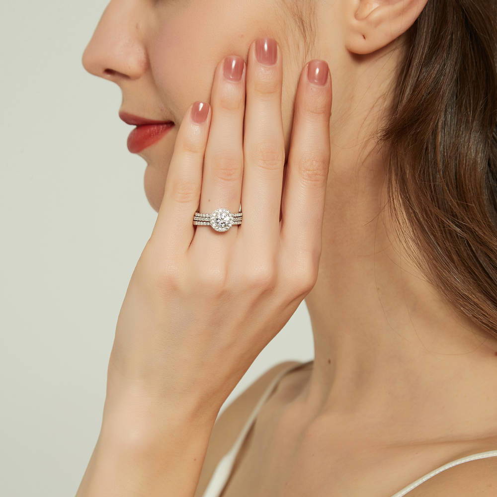 Model wearing Halo CZ Ring in Sterling Silver, 14 of 16