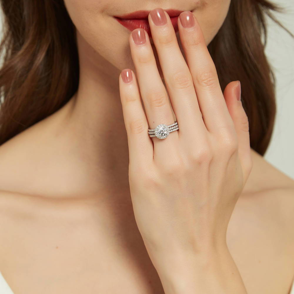 Model Wearing Half Eternity Ring Style R1618-02, Halo Ring Style R1508-01