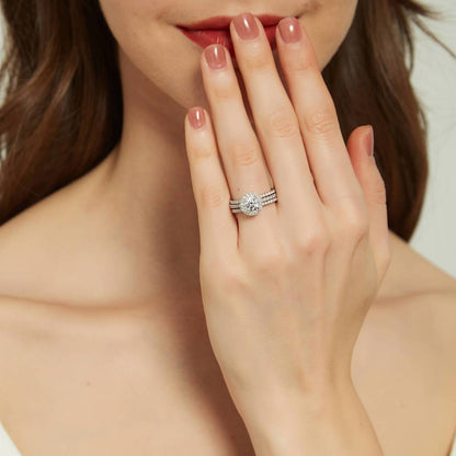 Model Wearing Half Eternity Ring Style R1618-02, Halo Ring Style R1508-01