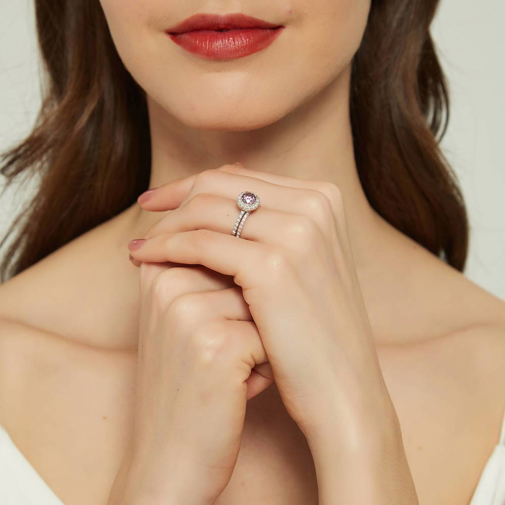 Model wearing Halo Purple CZ Ring in Sterling Silver, 11 of 16