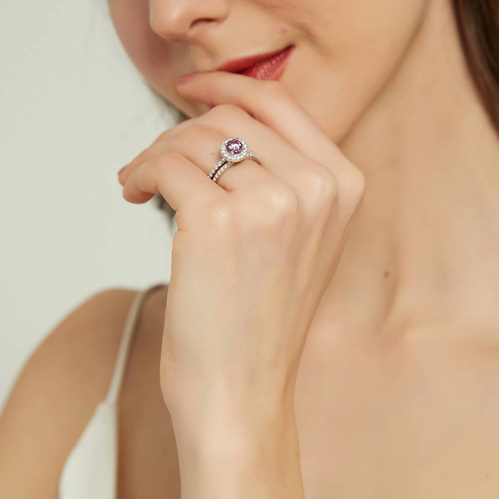Halo Purple CZ Ring in Sterling Silver