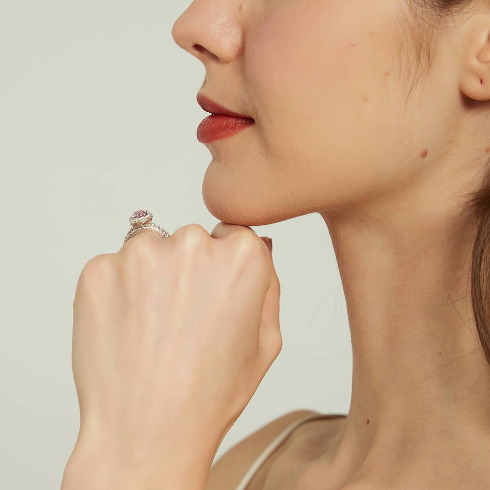 Model wearing Halo Purple CZ Ring in Sterling Silver, 16 of 16