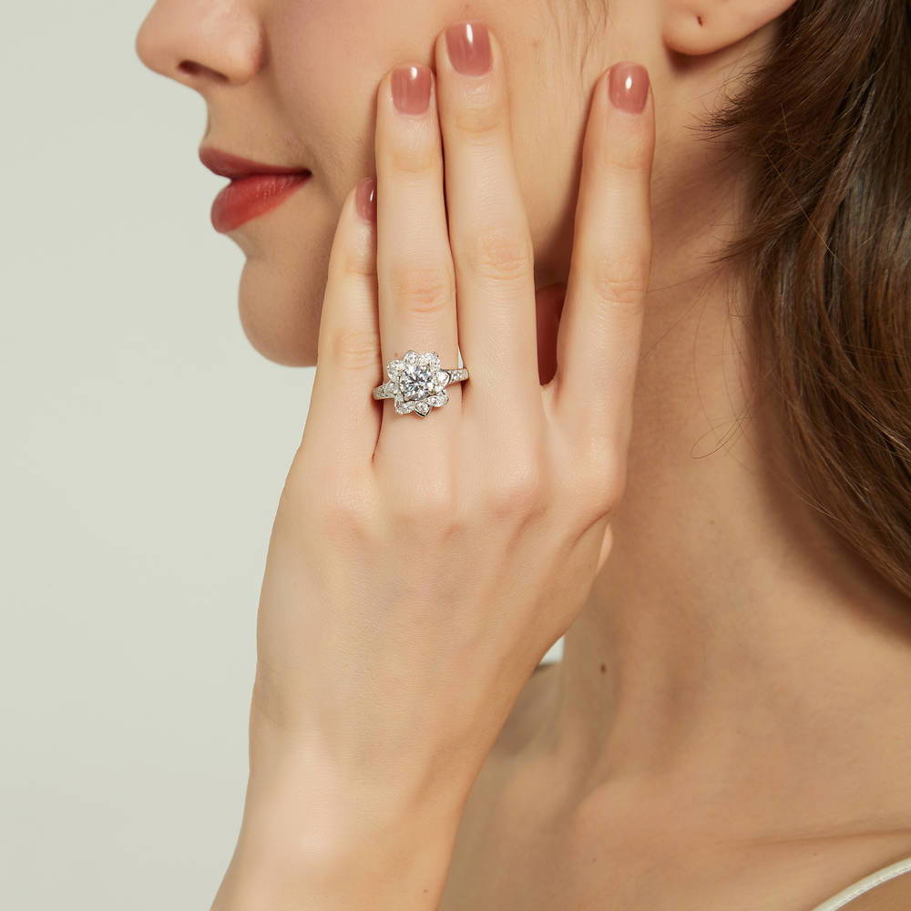 Model wearing Flower Halo CZ Ring in Sterling Silver, 2 of 12