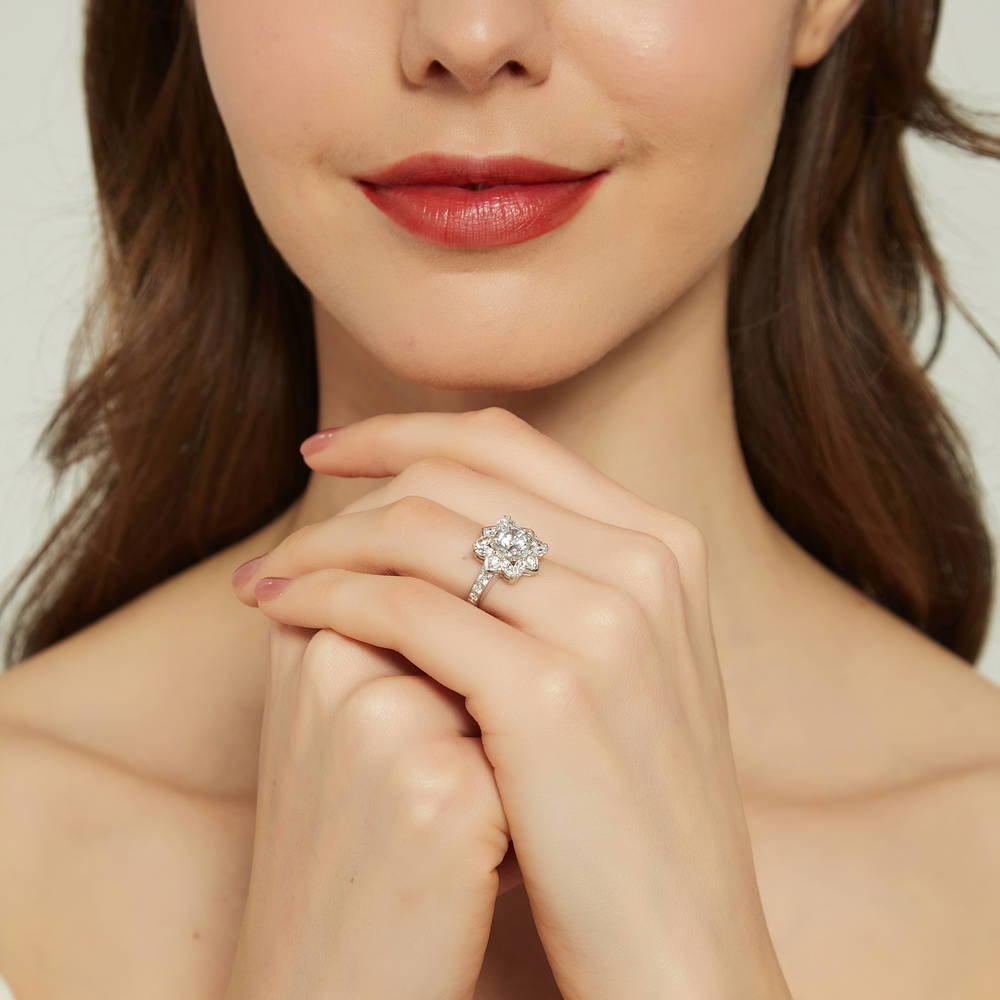 Model wearing Flower Halo CZ Ring in Sterling Silver, 8 of 12