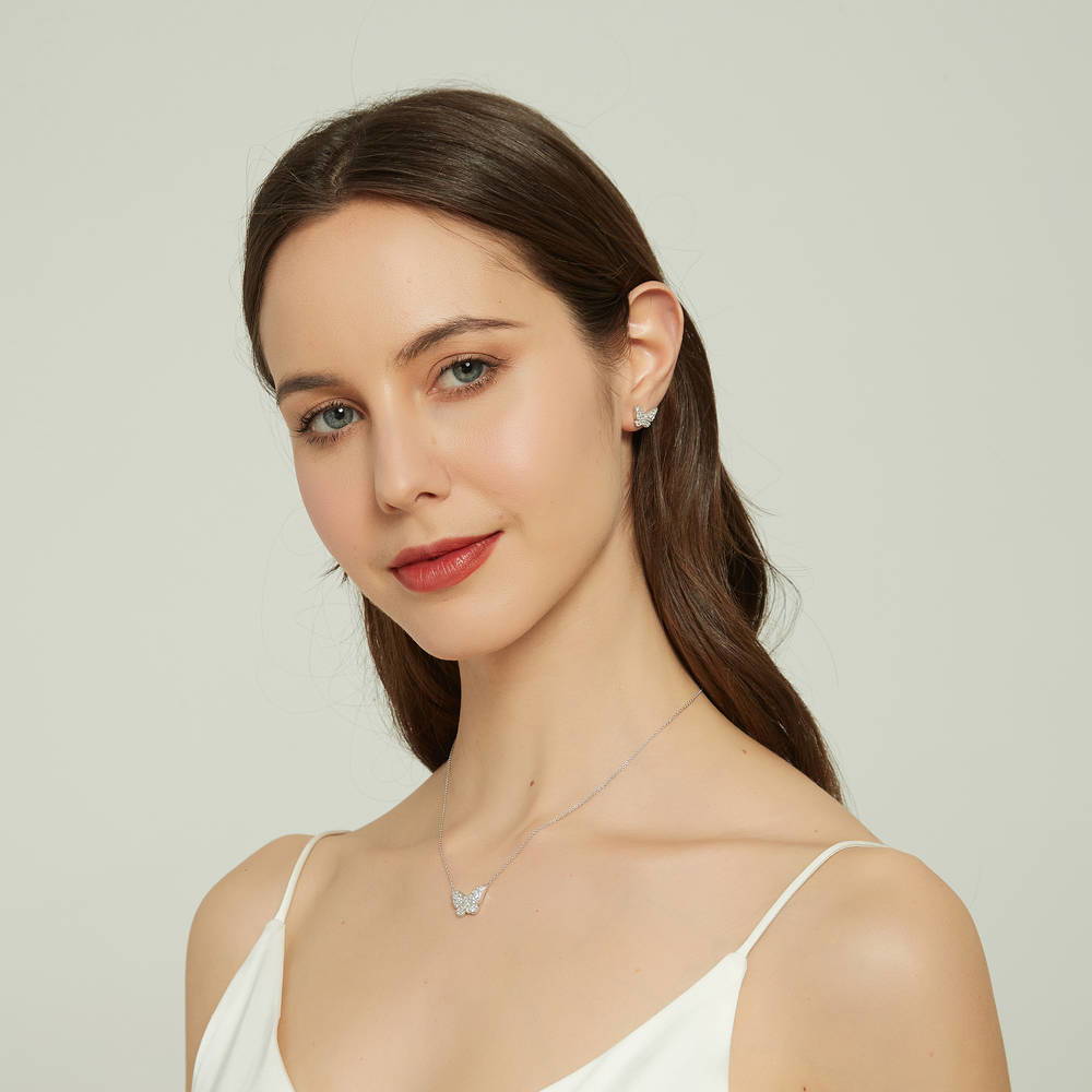 Model wearing Butterfly CZ Necklace in Sterling Silver, 5 of 6