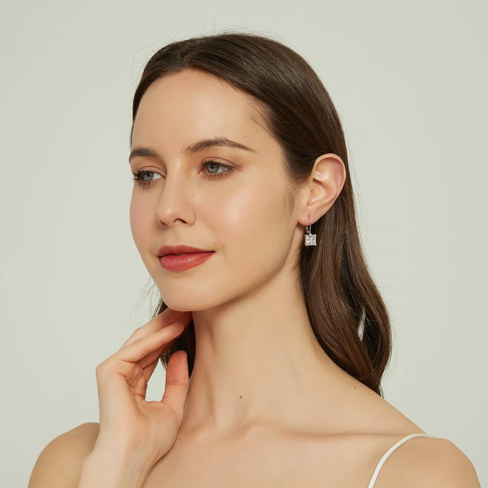 Solitaire 6ct Princess CZ Leverback Earrings in Sterling Silver
