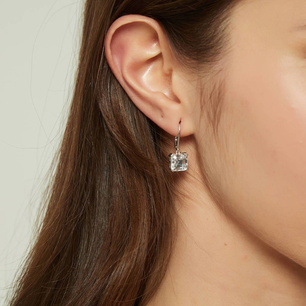 Solitaire 6ct Asscher CZ Leverback Earrings in Sterling Silver