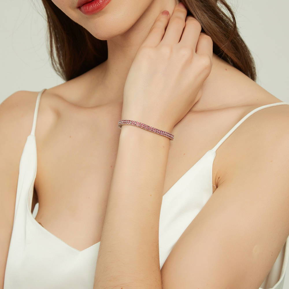 Model wearing Bar CZ Tennis Bracelet in Sterling Silver, Red Color