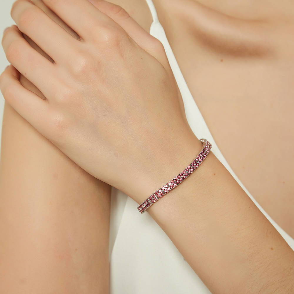 Model wearing Bar CZ Tennis Bracelet in Sterling Silver, Red Color