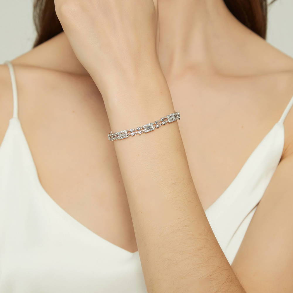 Model wearing Art Deco CZ Chain Bracelet in Sterling Silver, 6 of 12