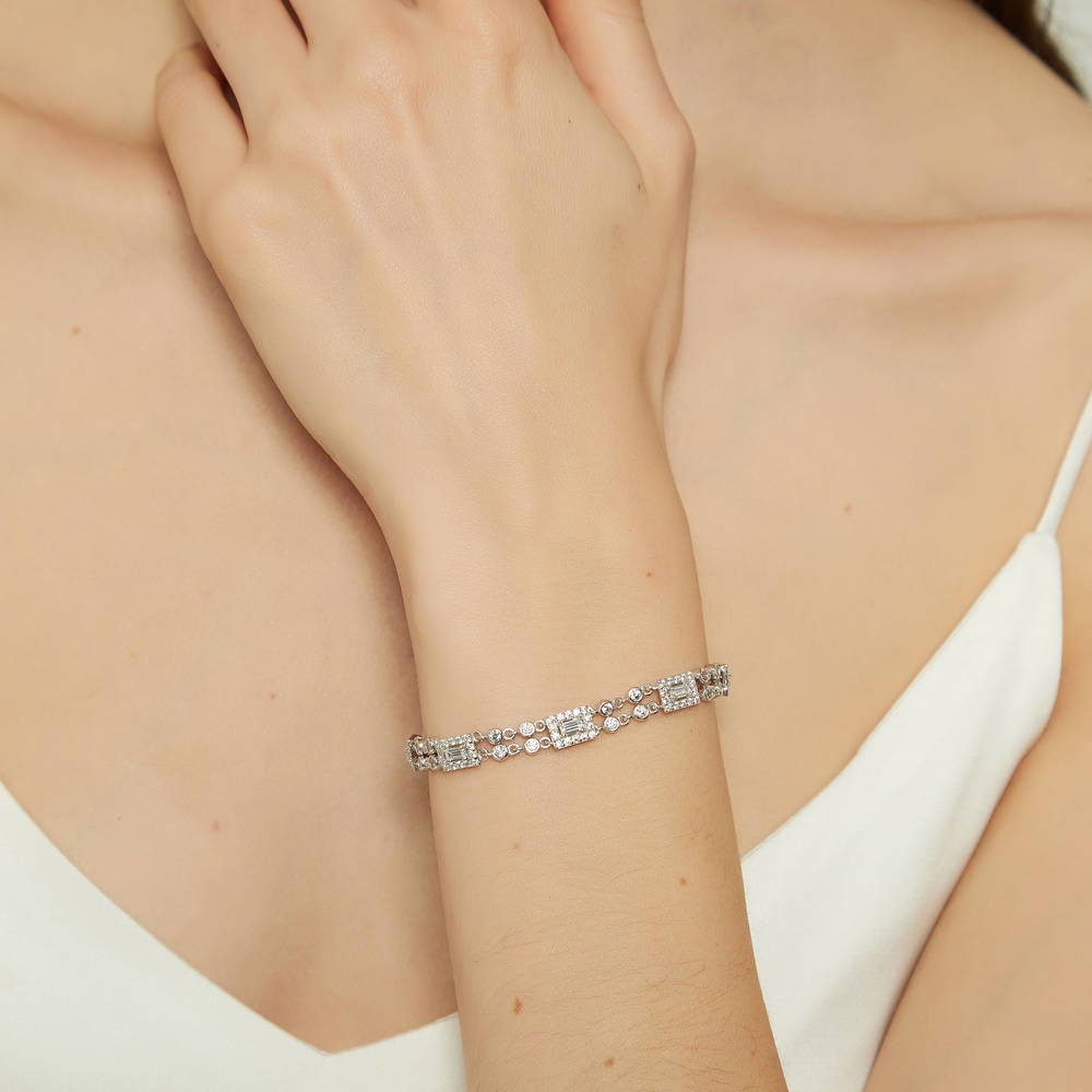 Model wearing Art Deco CZ Chain Bracelet in Sterling Silver, 4 of 12