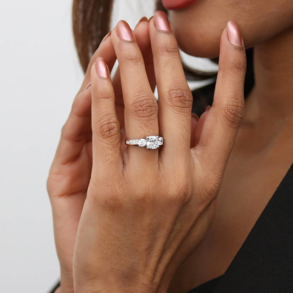 Model wearing 3-Stone 1.5ct Cushion CZ Ring Set in Sterling Silver, 9 of 17