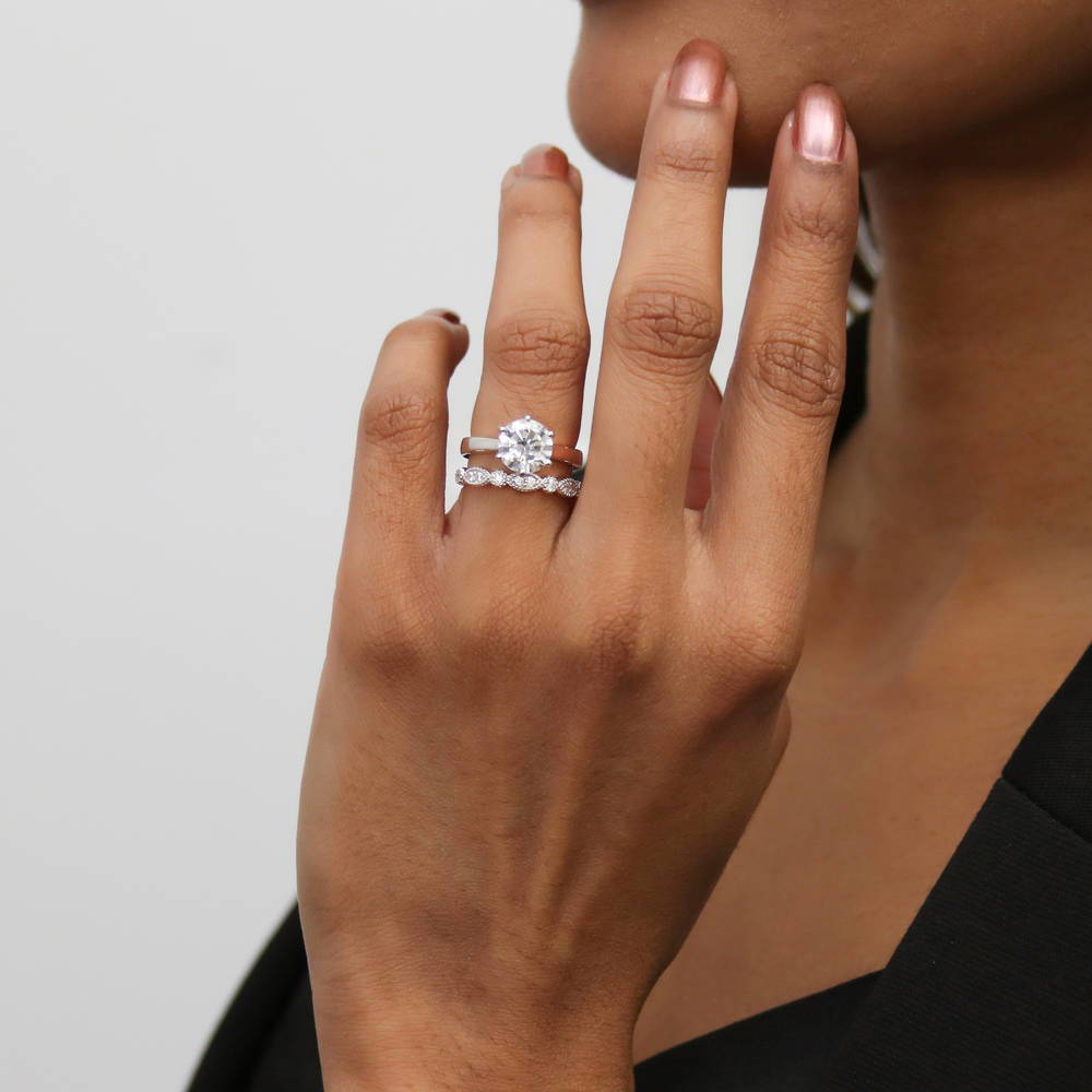 Model wearing Solitaire Milgrain Art Deco 2ct CZ Ring Set in Sterling Silver, 11 of 19