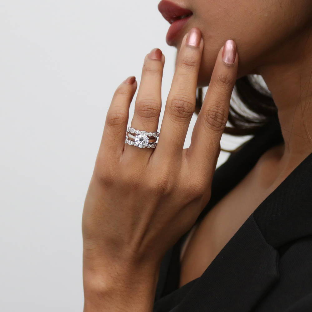 Model wearing Solitaire 2ct Round CZ Ring Set in Sterling Silver, 11 of 19