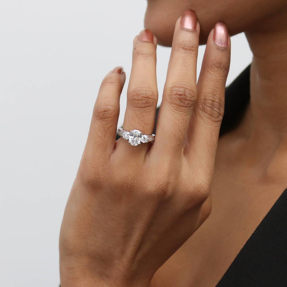 Model wearing 3-Stone 1.2ct Oval CZ Ring Set in Sterling Silver, 13 of 17