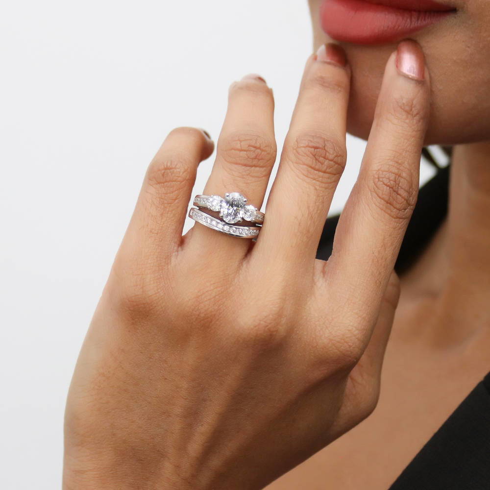 Model wearing 3-Stone 1.2ct Oval CZ Ring Set in Sterling Silver, 9 of 18