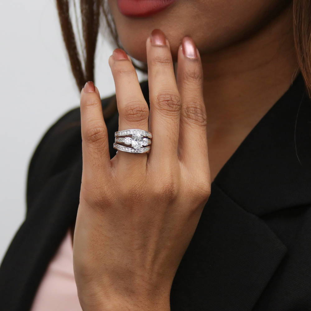 Model wearing 3-Stone 1.2ct Oval CZ Ring Set in Sterling Silver, 7 of 17