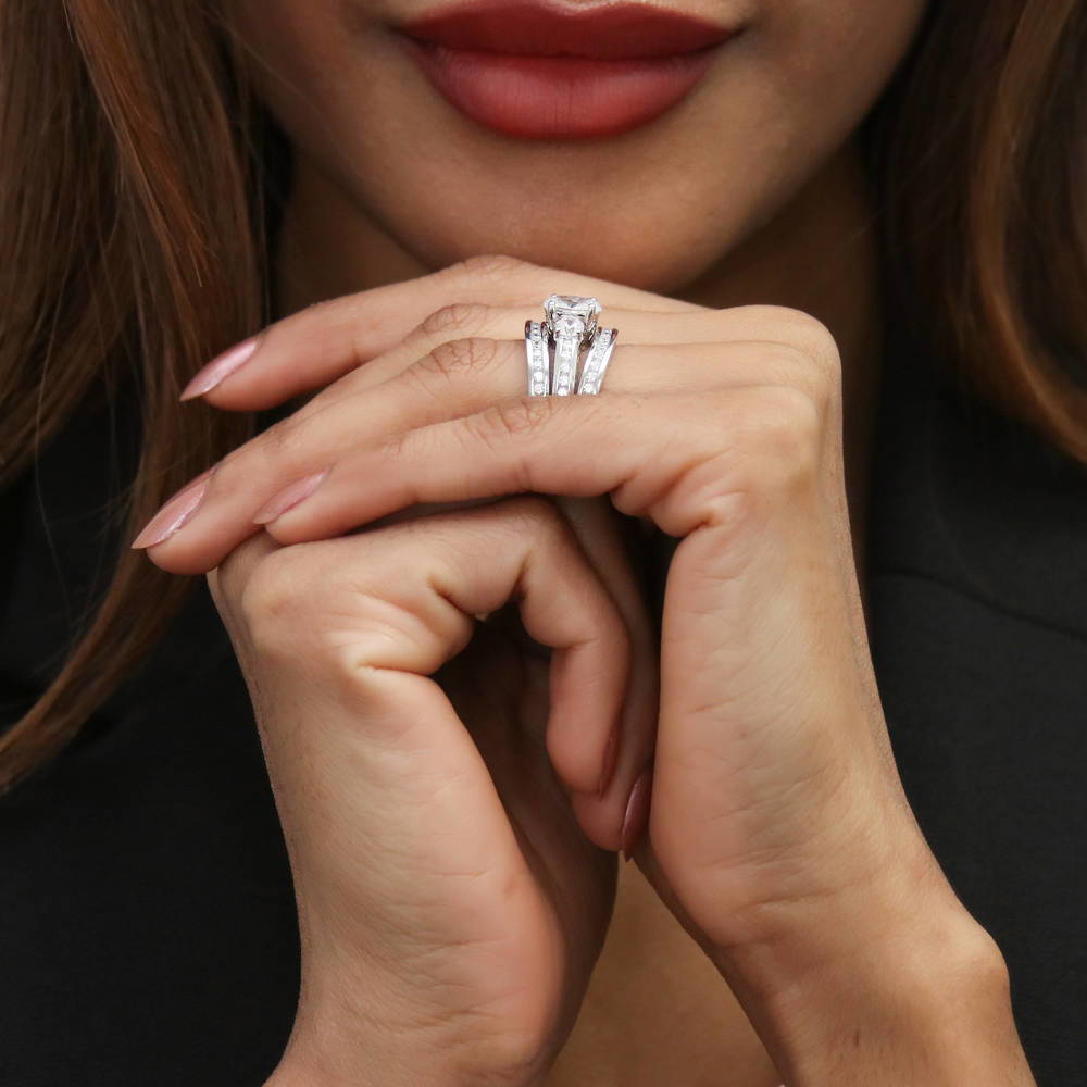 Model wearing 3-Stone 1.2ct Oval CZ Ring Set in Sterling Silver, 6 of 17