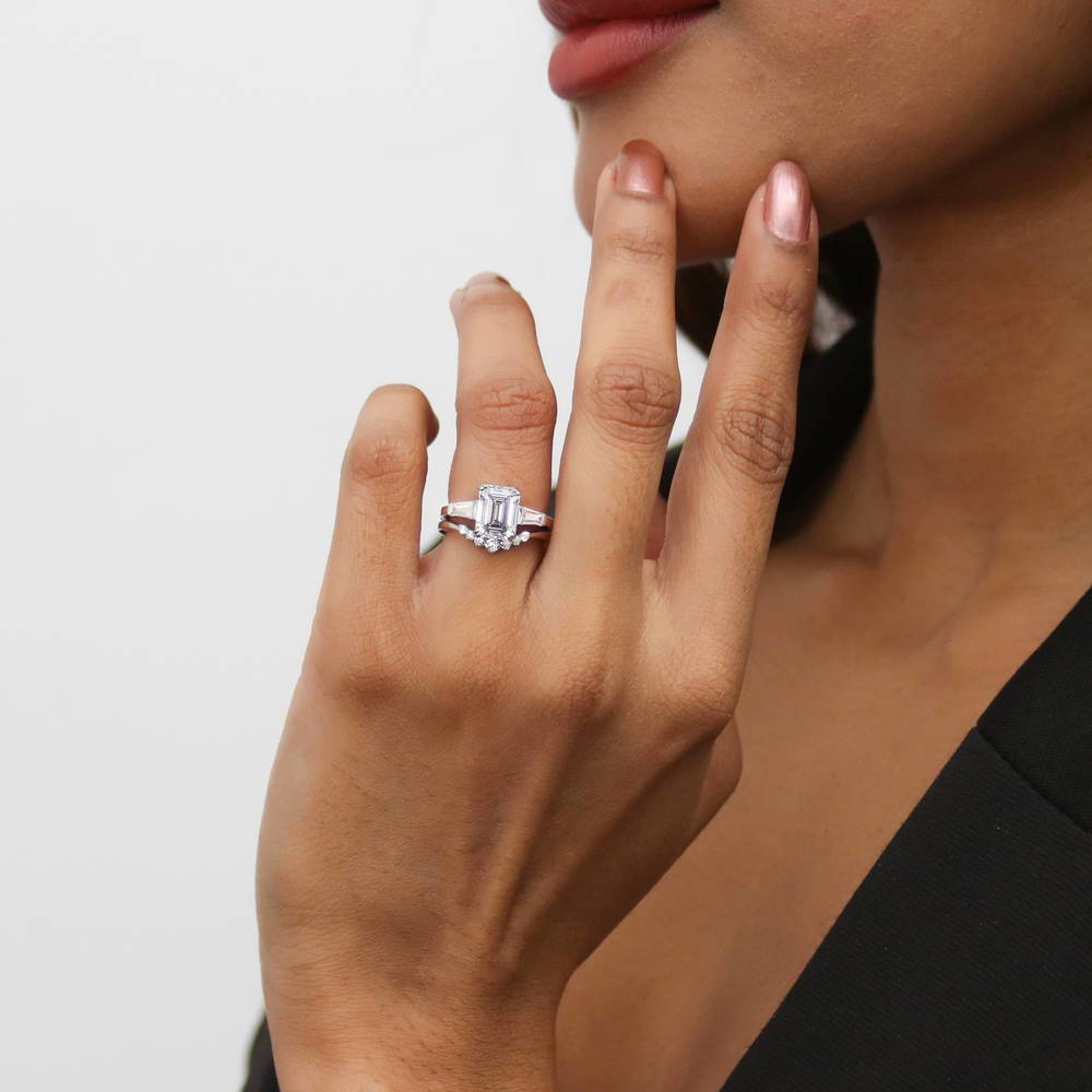 Model wearing 3-Stone Wishbone 7-Stone 2.1ct CZ Ring Set in Sterling Silver, 11 of 19