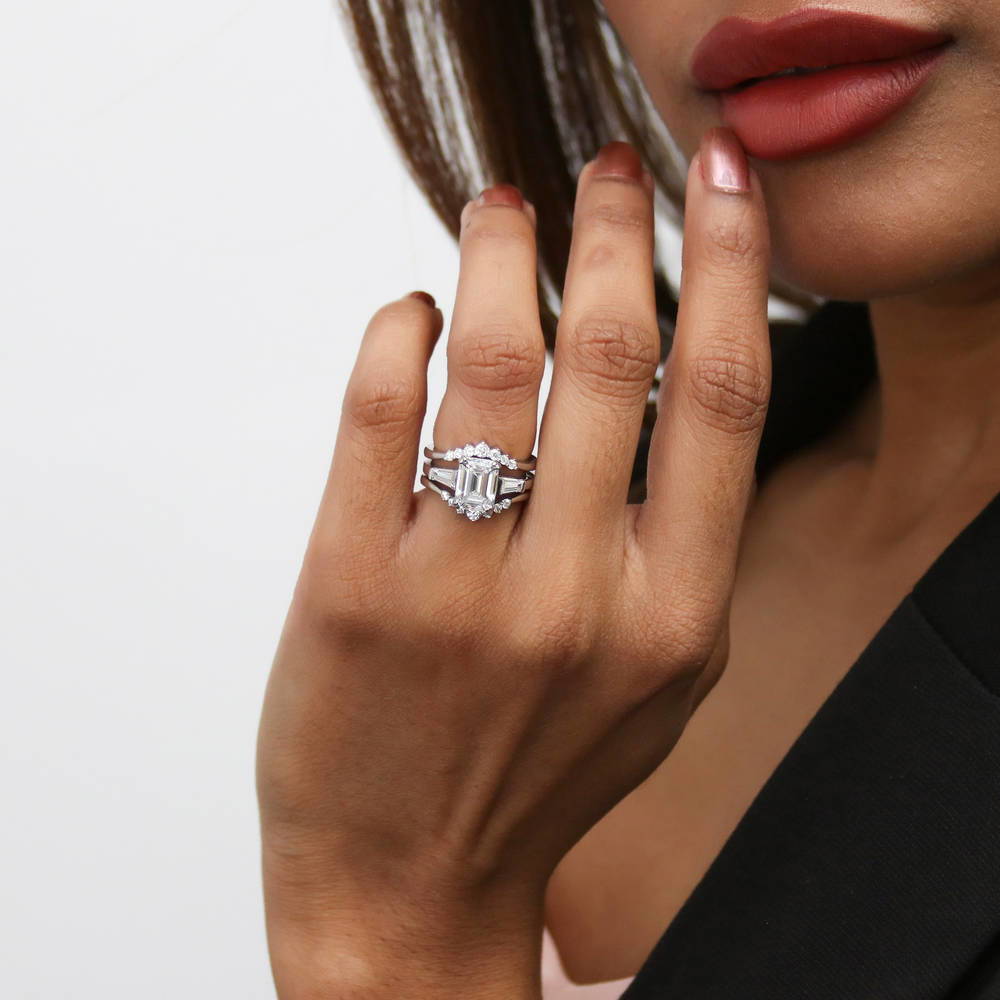 Model wearing 3-Stone Wishbone 7-Stone 2.1ct CZ Ring Set in Sterling Silver, 11 of 19