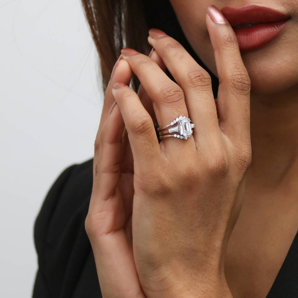 Model wearing 3-Stone Wishbone 7-Stone 2.1ct CZ Ring Set in Sterling Silver, 2 of 19