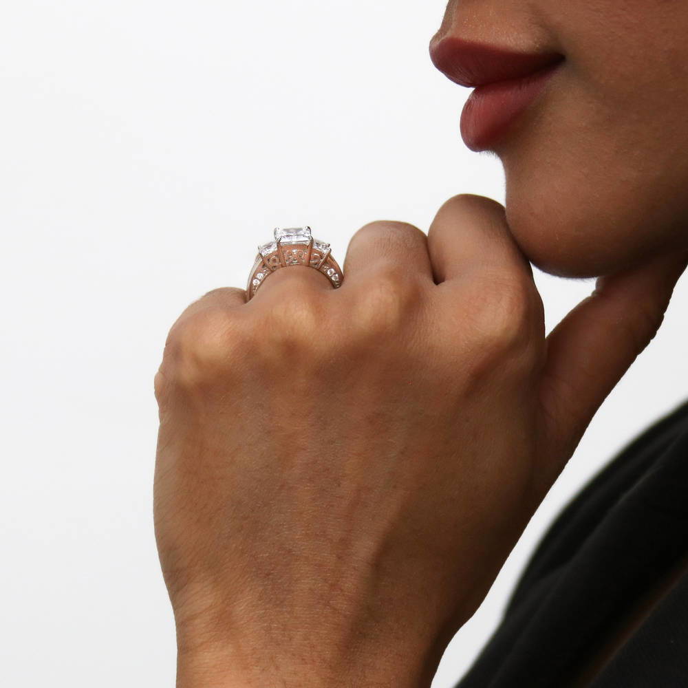 Model wearing 3-Stone 1.6ct Princess CZ Ring Set in Sterling Silver, 16 of 19