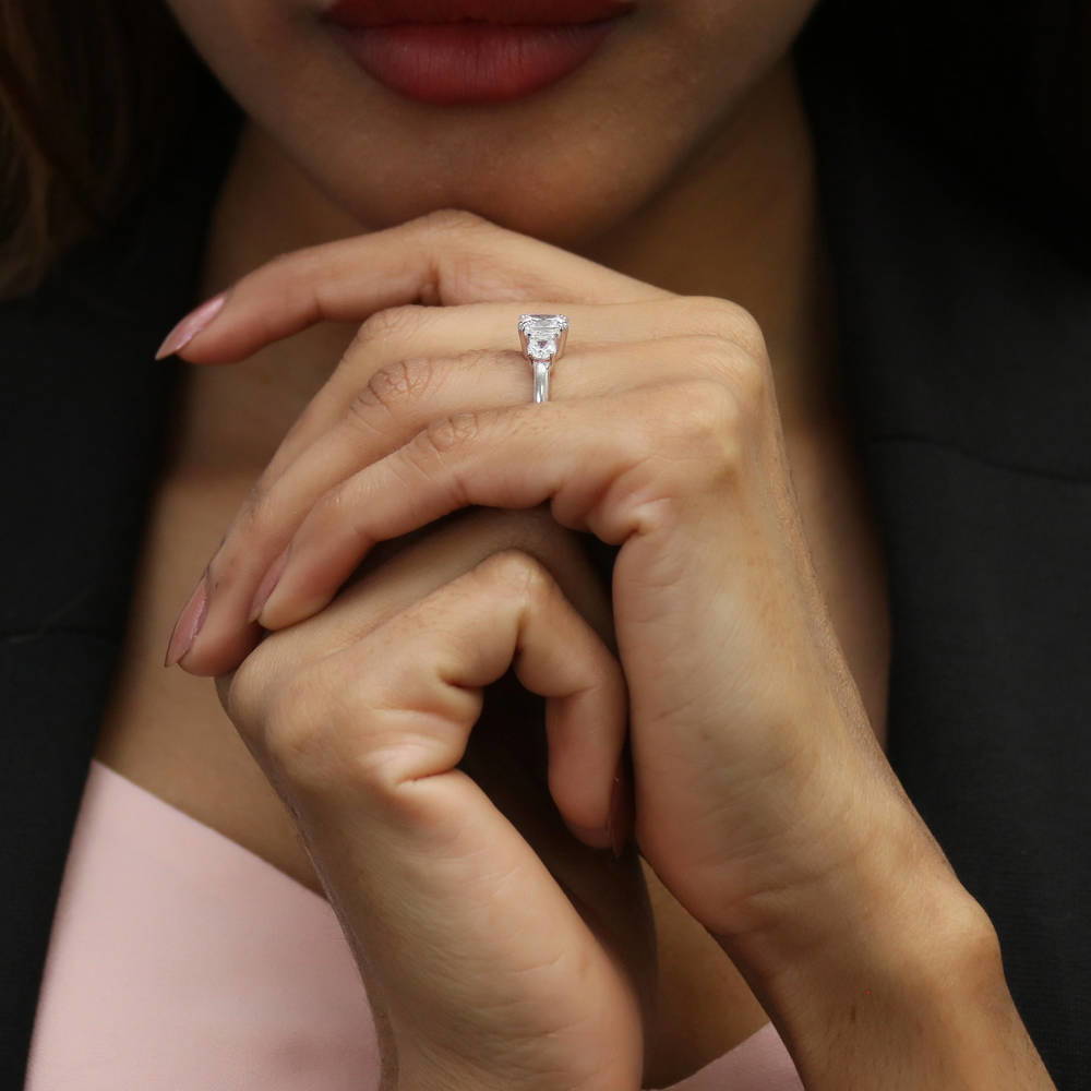 3-Stone Wishbone 7-Stone Cushion CZ Ring Set in Sterling Silver