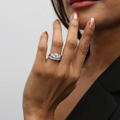 Image Contain: Model Wearing 3-Stone Ring, Curved Half Eternity Ring