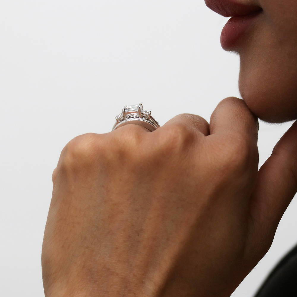 Model wearing 3-Stone 2.1ct Emerald Cut CZ Ring Set in Sterling Silver, 6 of 18