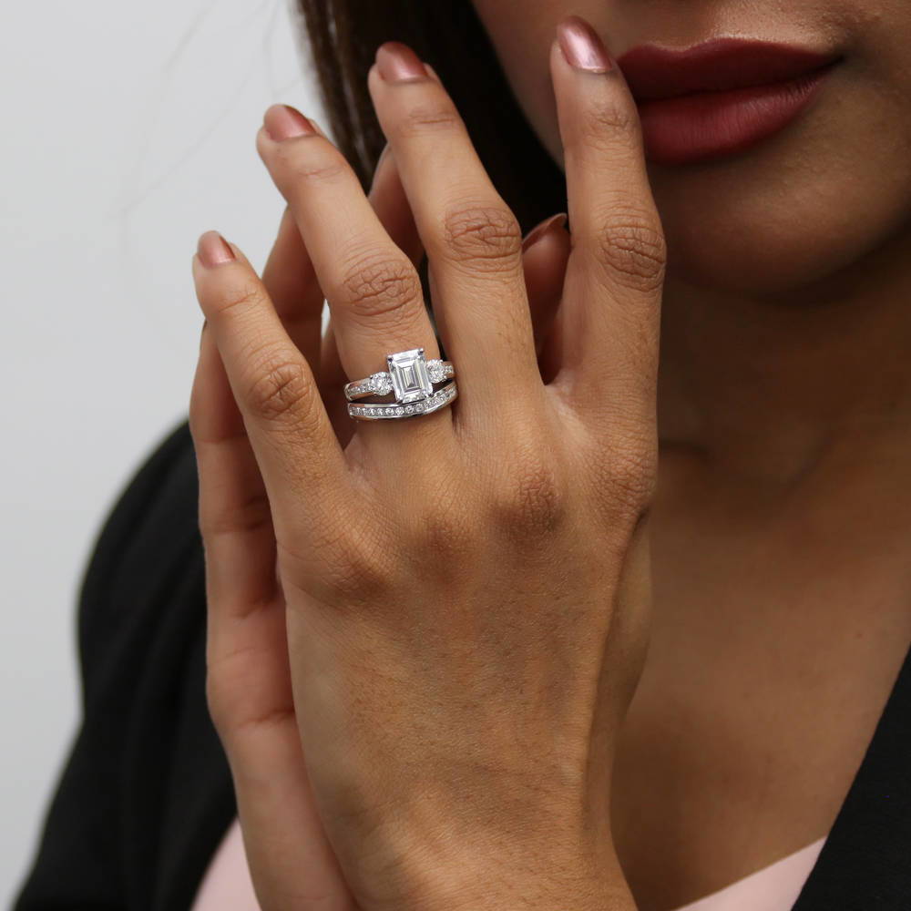 Model wearing 3-Stone 2.1ct Emerald Cut CZ Ring Set in Sterling Silver, 2 of 18