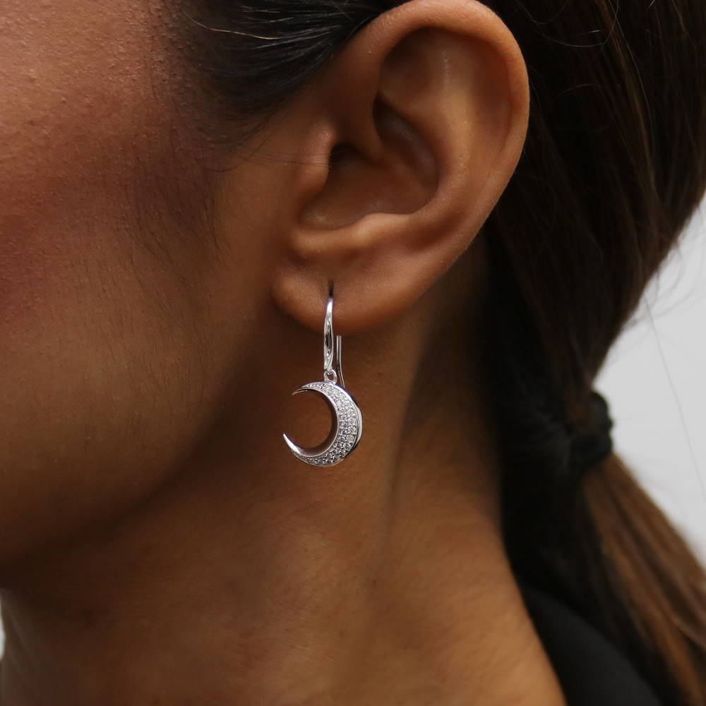 Crescent Moon CZ Fish Hook Dangle Earrings in Sterling Silver
